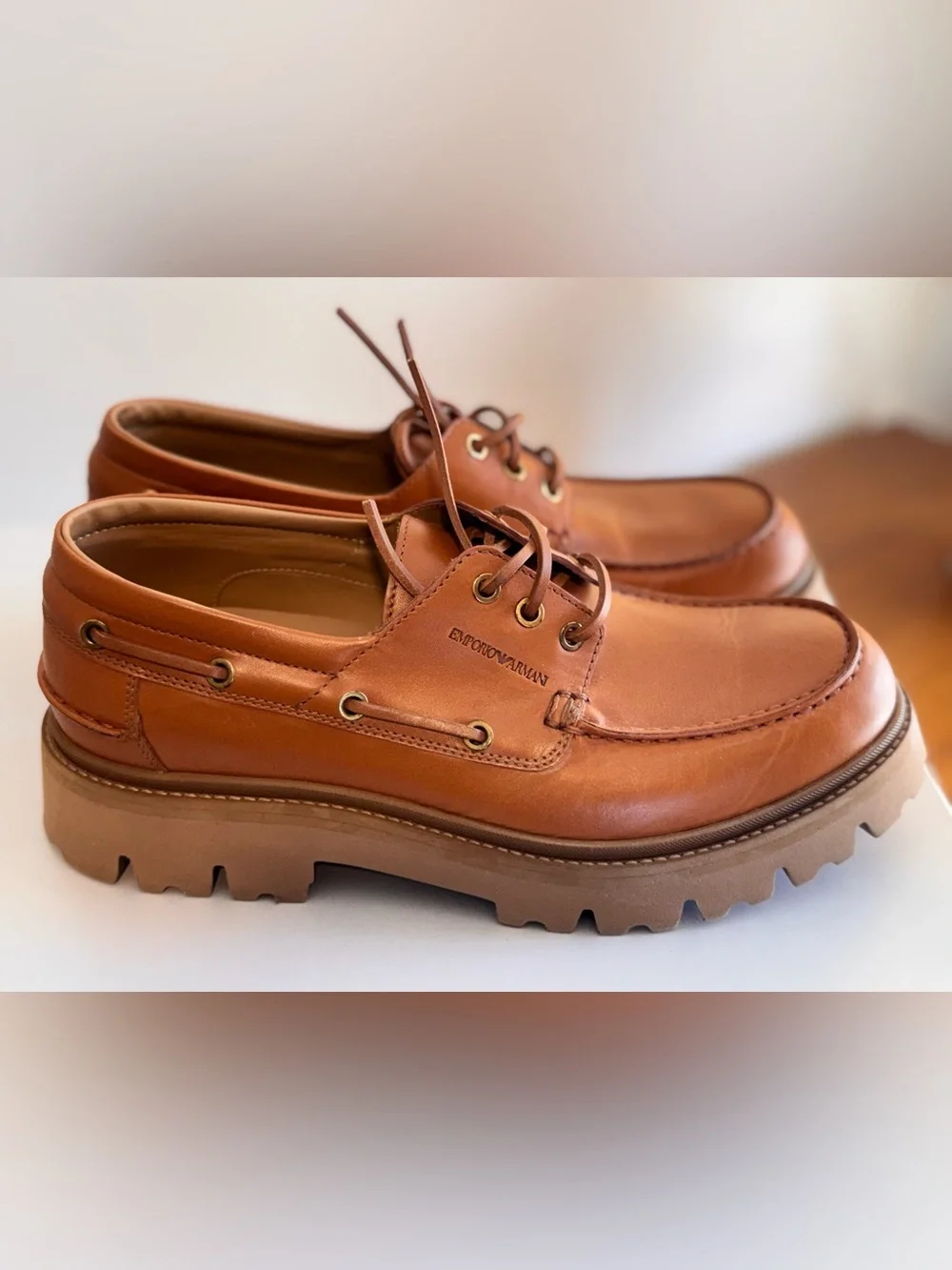 Emporio Armani Lug Sole Leather Boat Shoes Biscotto Tan Men's US 9 / UK 8 NIB